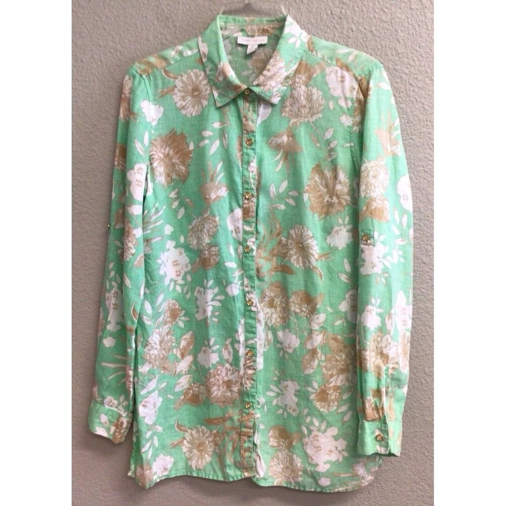 Charter Club Women's Blouse Green Floral Linen Luxury Long Sleeve Button Medium